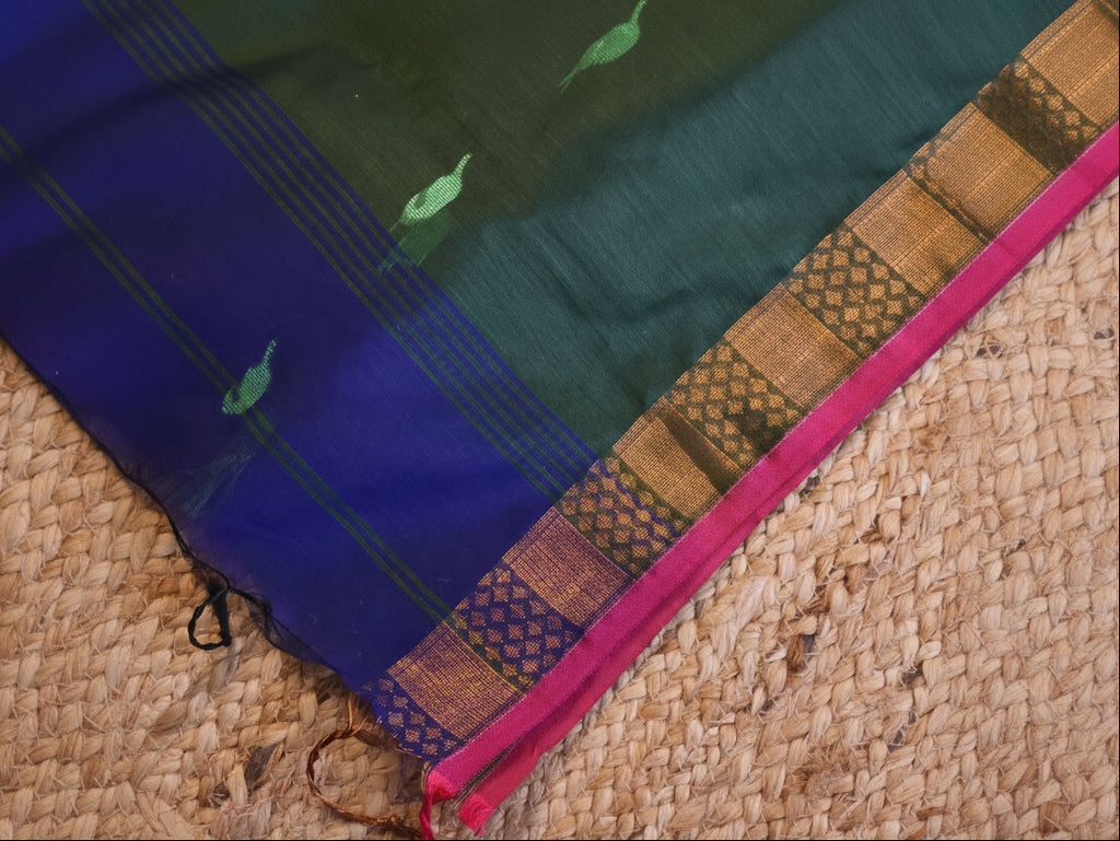 Handwoven Saree with Pure Zari cotton raw silk blend with blouse. Light weight easy to drape. Comfortable all day.