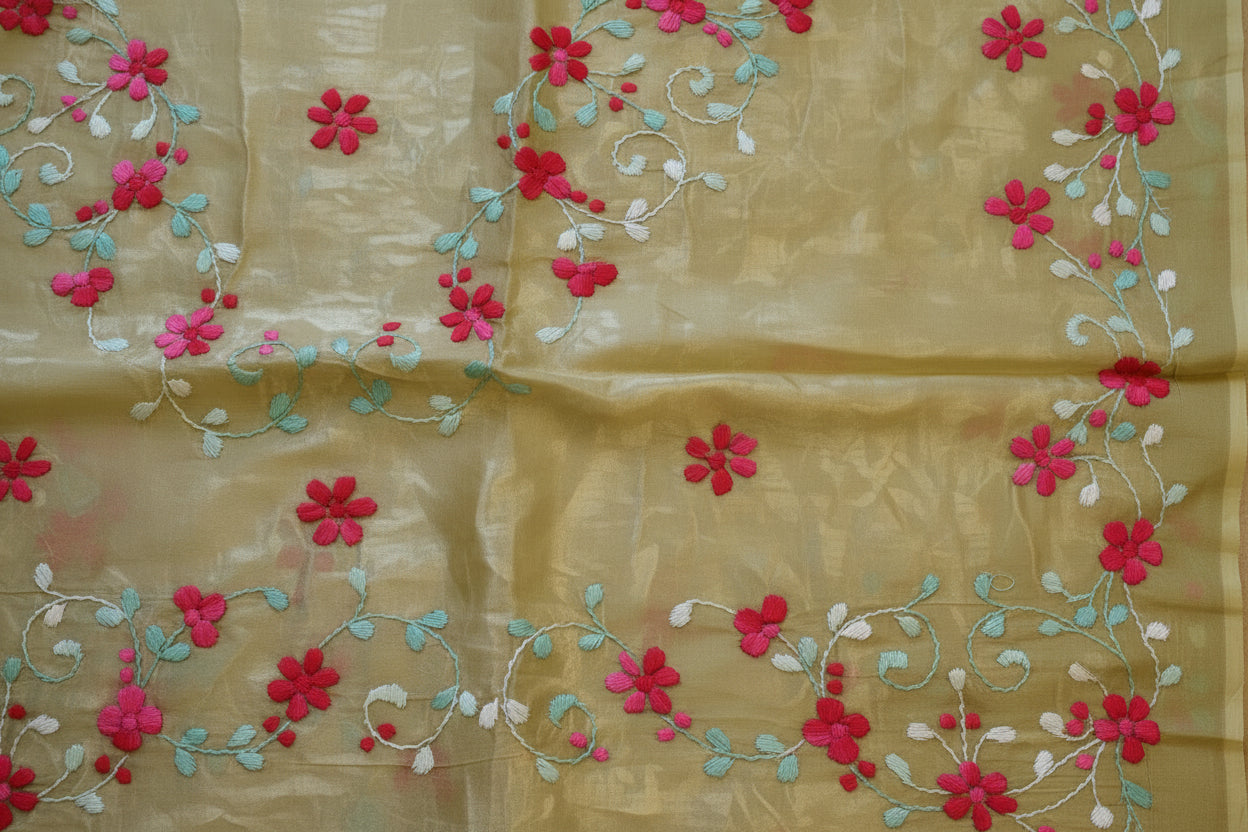Handloom Saree from Bengal with hand-Embroidered Pure Cotton Saree