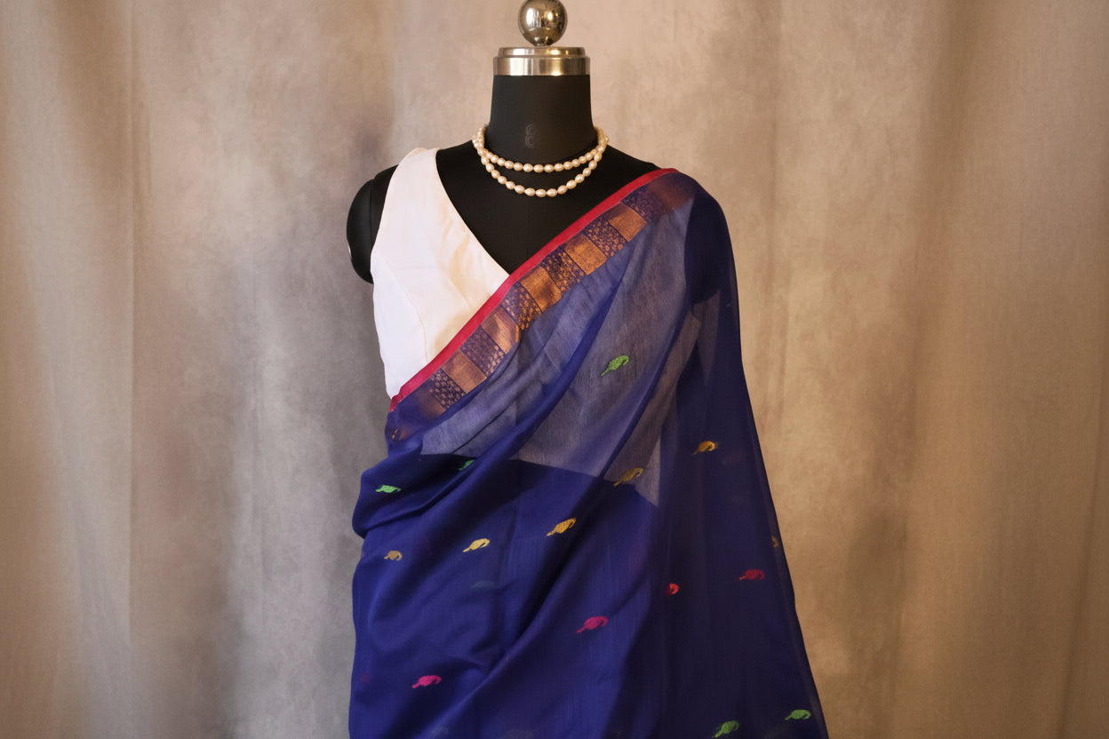 Handwoven Saree with Pure Zari cotton raw silk blend with blouse. Light weight easy to drape. Comfortable all day.