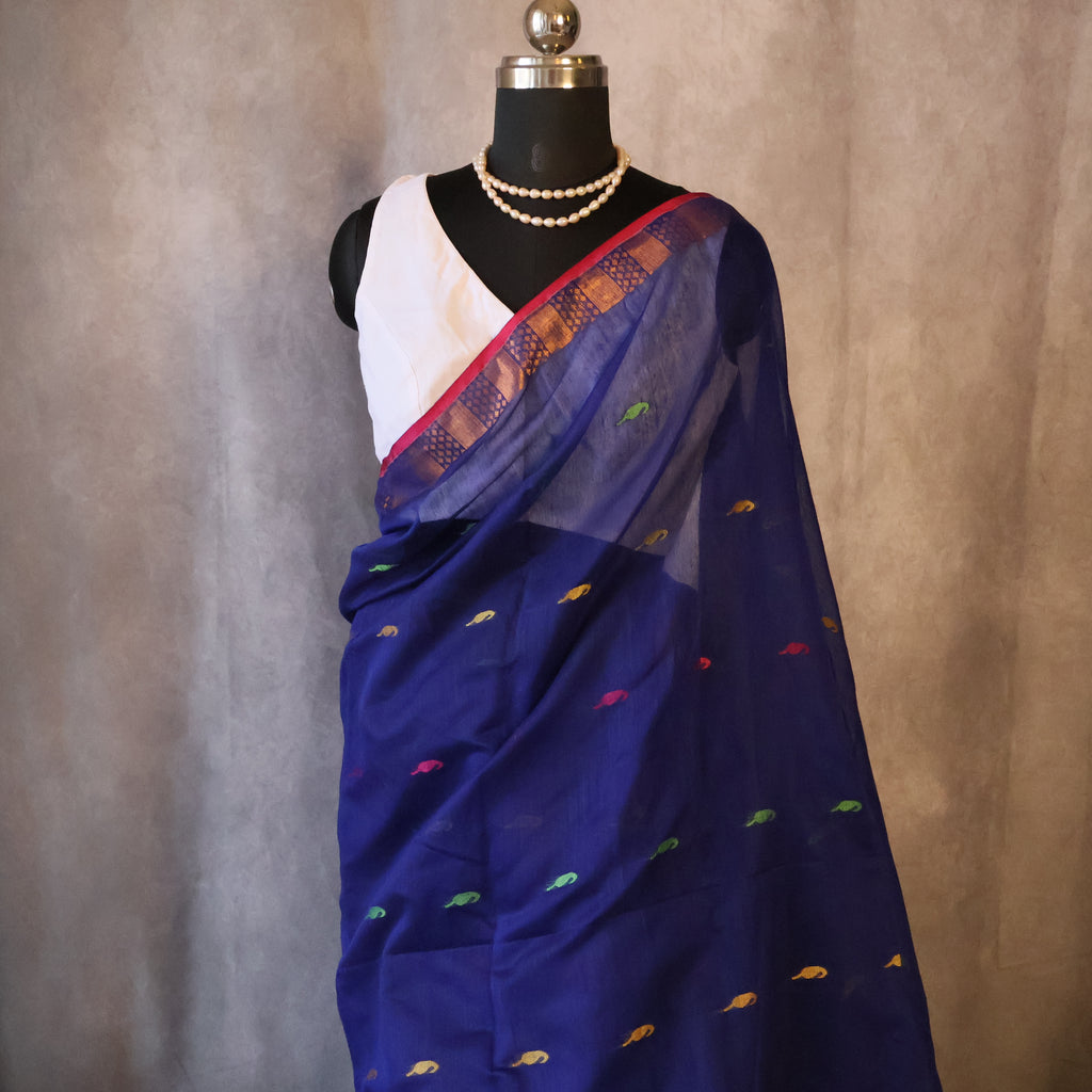 Handwoven Saree with Pure Zari cotton raw silk blend with blouse. Light weight easy to drape. Comfortable all day.