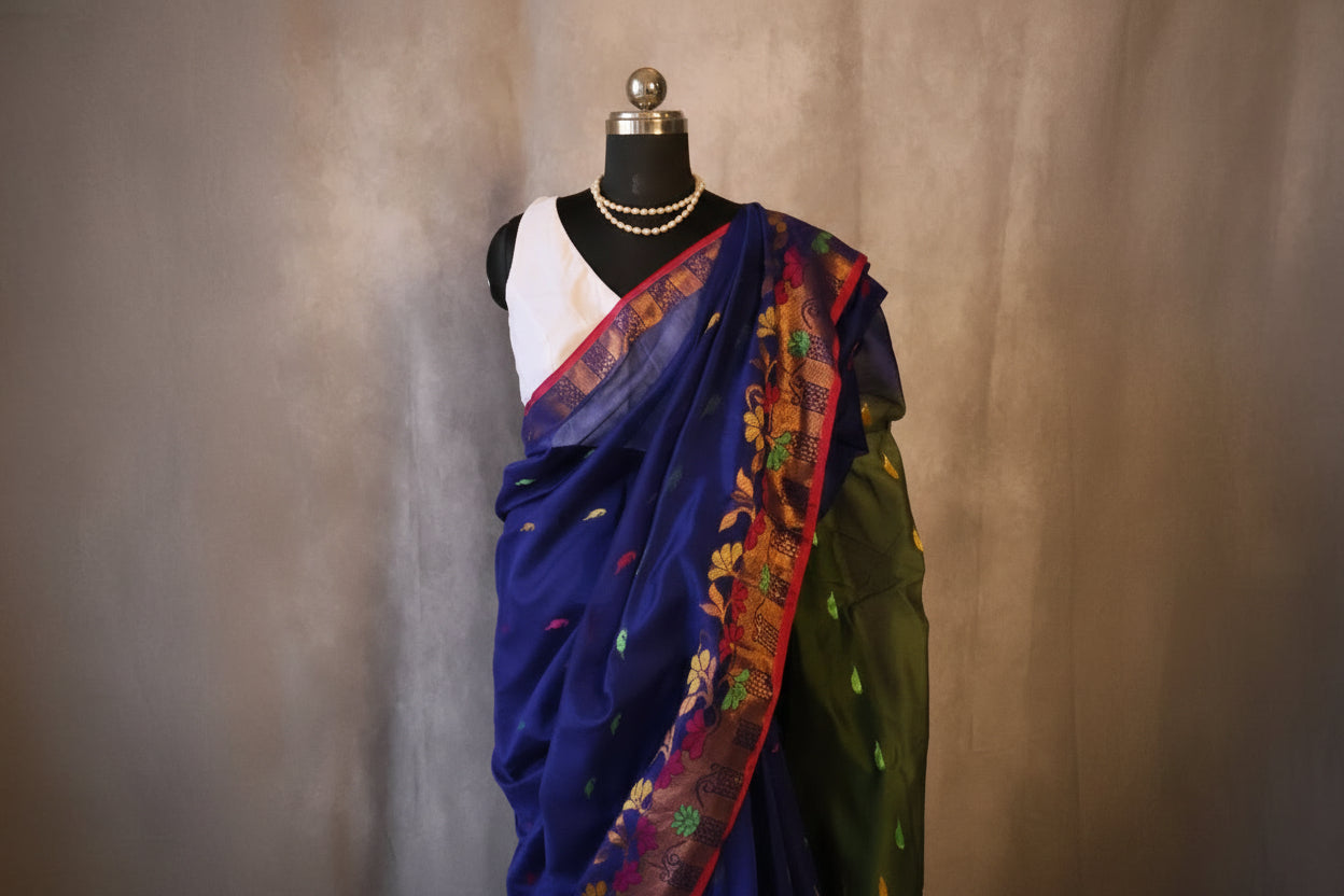Handwoven Saree with Pure Zari cotton raw silk blend with blouse. Light weight easy to drape. Comfortable all day.
