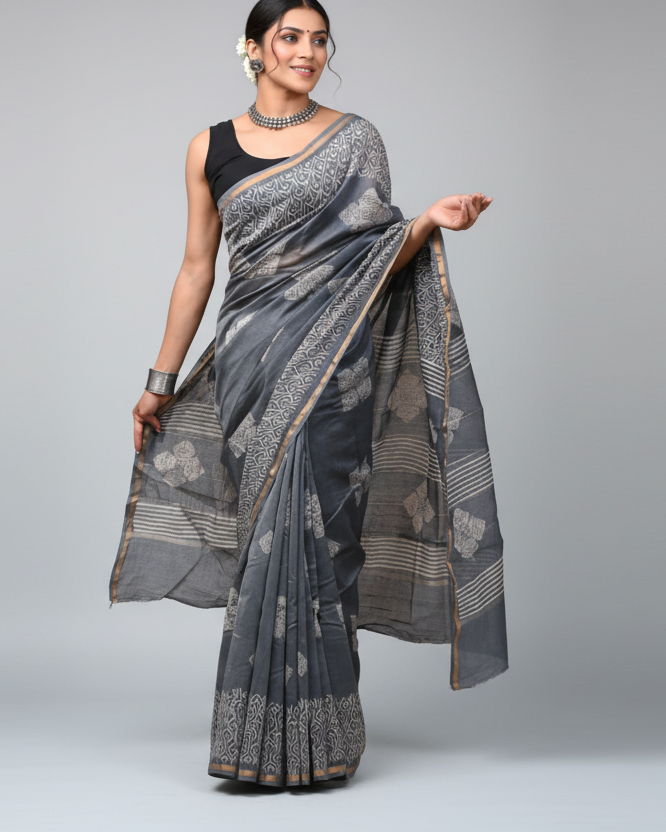 Turquoise Blue Pure Chanderi Silk Saree with Elegant White Prints and Zari Border –  100% Handloom | Blouse Piece Included