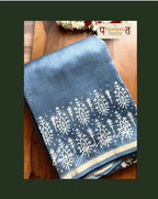 Turquoise Blue Pure Chanderi Silk Saree with Elegant White Prints and Zari Border –  100% Handloom | Blouse Piece Included
