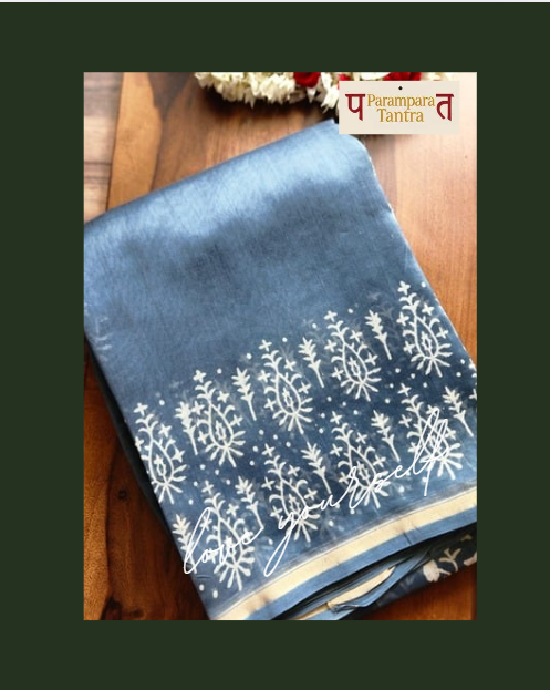 Turquoise Blue Pure Chanderi Silk Saree with Elegant White Prints and Zari Border –  100% Handloom | Blouse Piece Included