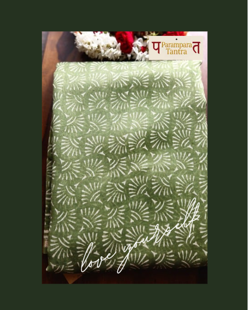 Mehndi colour Pure Chanderi Silk Saree with Elegant White Prints and Zari Border –  100% Handloom| Blouse Piece Included
