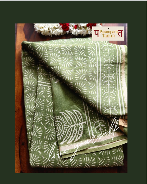 Mehndi colour Pure Chanderi Silk Saree with Elegant White Prints and Zari Border –  100% Handloom| Blouse Piece Included