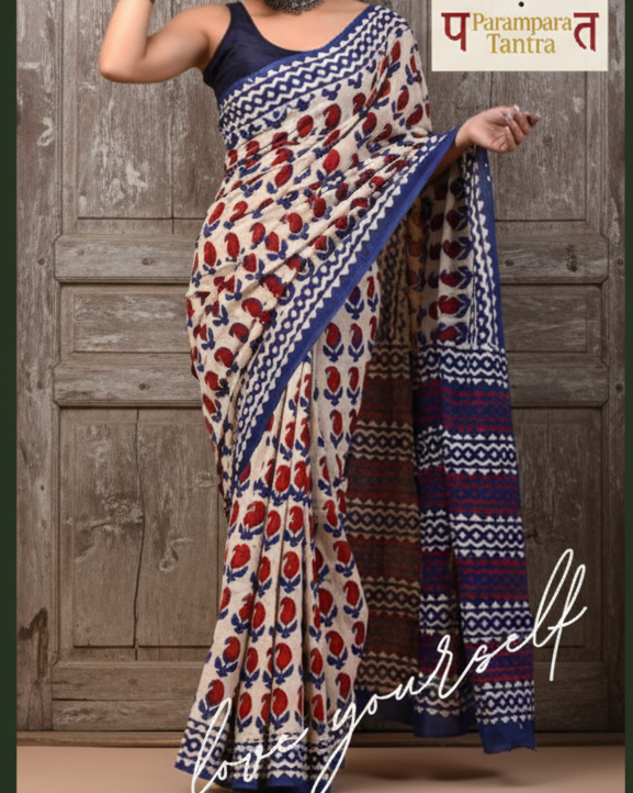 Mulmul pure cotton Sarees block print with blouse. Lightweight, easy to drape . Comfortable all day .