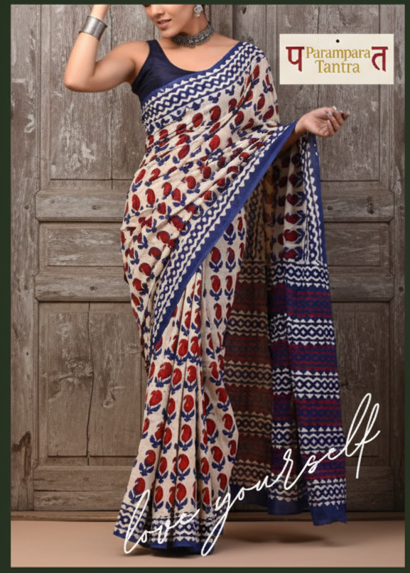 Mulmul pure cotton Sarees block print with blouse. Lightweight, easy to drape . Comfortable all day .