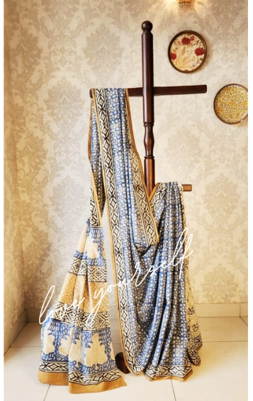 Mulmul pure cotton sarees block print with blouse. Lightweight, easy to drape . Comfortable all day .