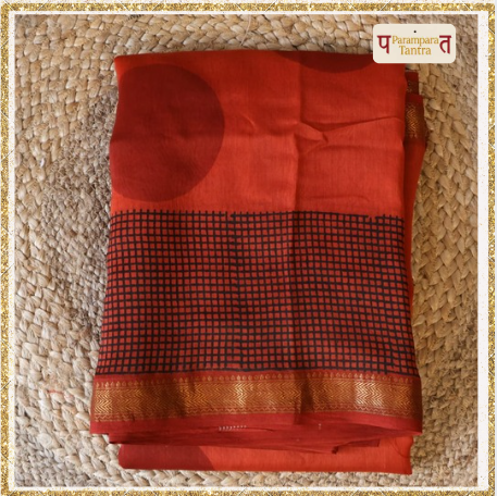 Blood Red Polka Dot & Black Checks Saree with Blouse - 100% Pure Maheshwari Handloom Silk