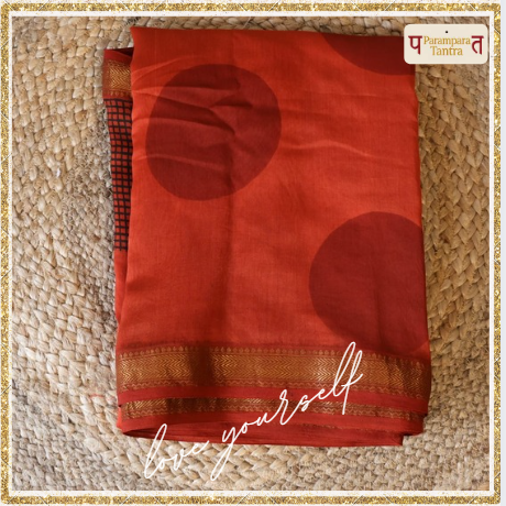 Blood Red Polka Dot & Black Checks Saree with Blouse - 100% Pure Maheshwari Handloom Silk
