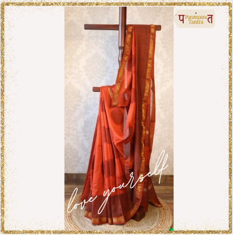 Blood Red Polka Dot & Black Checks Saree with Blouse - 100% Pure Maheshwari Handloom Silk