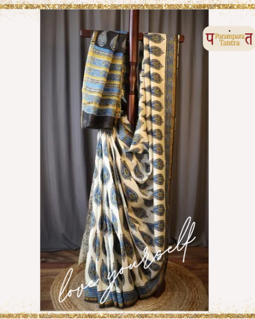 Pure Chanderi Silk Saree with Elegant blue  Prints and Zari Border – 100% Handloom Blouse Piece Included