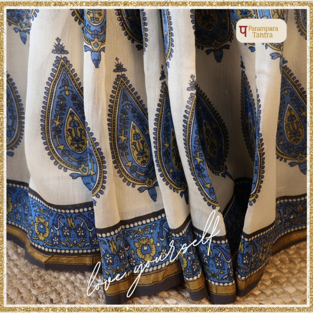 Pure Chanderi Silk Saree with Elegant blue  Prints and Zari Border – 100% Handloom Blouse Piece Included