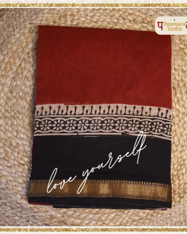 Red Base with Black & White Designs Saree with Matching Blouse - 100% Pure Maheshwari Handloom Silk