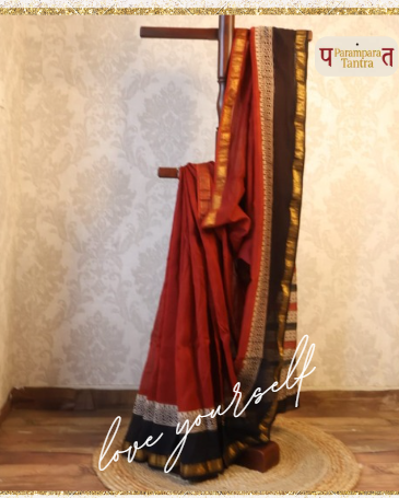 Red Base with Black & White Designs Saree with Matching Blouse - 100% Pure Maheshwari Handloom Silk