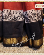 Red Base with Black & White Designs Saree with Matching Blouse - 100% Pure Maheshwari Handloom Silk