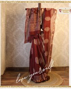 Brick Red Base & White Designs Saree with Matching Blouse - 100% Pure Maheshwari Handloom Silk