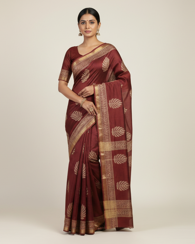 Brick Red Base & White Designs Saree with Matching Blouse - 100% Pure Maheshwari Handloom Silk