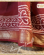 Brick Red Base & White Designs Saree with Matching Blouse - 100% Pure Maheshwari Handloom Silk