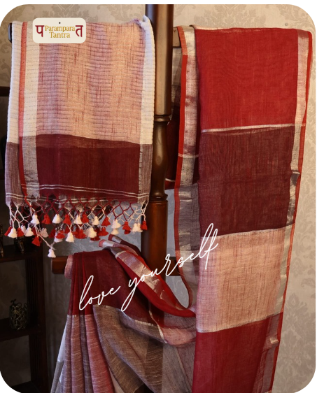 Pure Linen check Saree with blouse – Elegant, Professional & Handwoven. Light weight easy to drape. Comfortable all day .