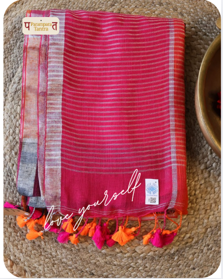 Pure Linen check Saree with blouse – Elegant, Professional & Handwoven. Light weight easy to drape. Comfortable all day .