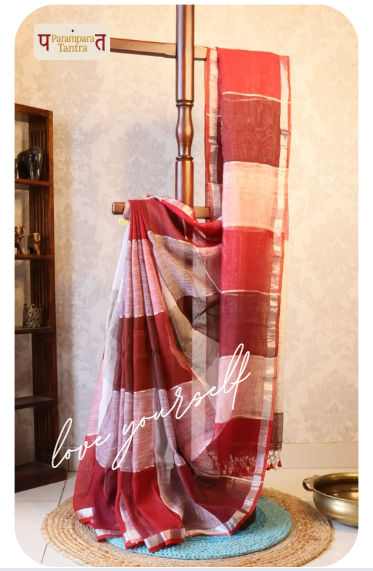 Pure Linen check Saree with blouse – Elegant, Professional & Handwoven. Light weight easy to drape. Comfortable all day .