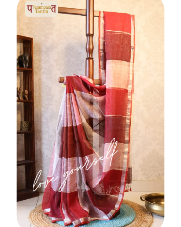 Pure Linen check Saree with blouse – Elegant, Professional & Handwoven. Light weight easy to drape. Comfortable all day .