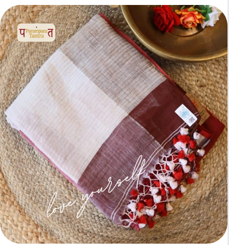 Pure Linen check Saree with blouse – Elegant, Professional & Handwoven. Light weight easy to drape. Comfortable all day .
