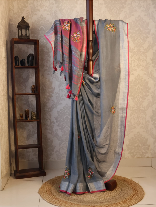 Pure Linen  Saree with blouse – Elegant, Professional & Handwoven. Light weight easy to drape. Comfortable all day .