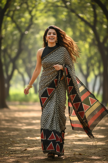 Authentic Chanderi handloom Silk Saree with blouse –  Lightweight  and comfortable all day. Easy to drape.