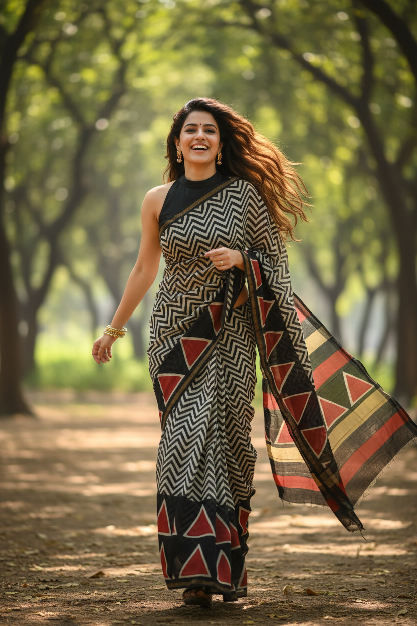 Authentic Chanderi handloom Silk Saree with blouse –  Lightweight  and comfortable all day. Easy to drape.