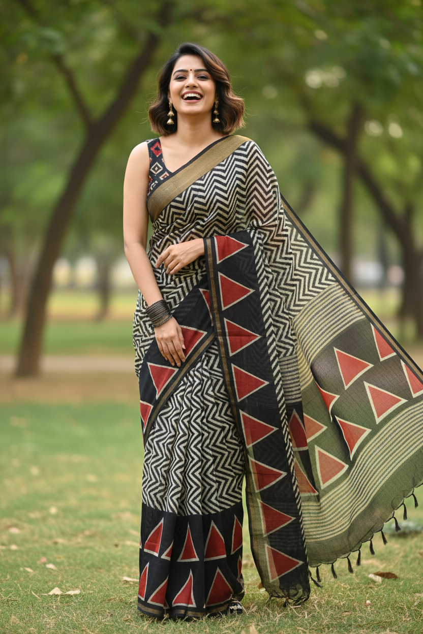 Authentic Chanderi handloom Silk Saree with blouse –  Lightweight  and comfortable all day. Easy to drape.