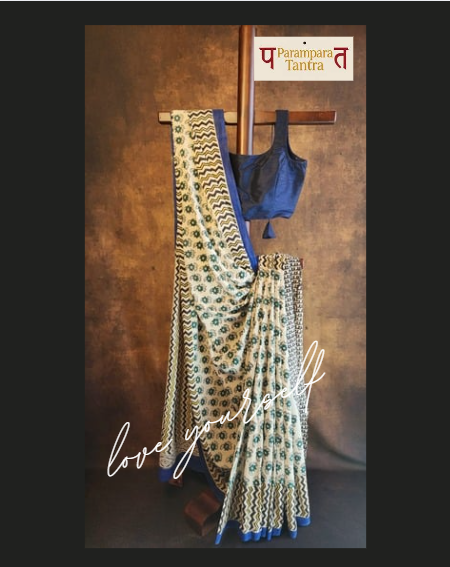 Mulmul pure cotton Sarees block print with blouse. Lightweight, easy to drape . Comfortable all day .