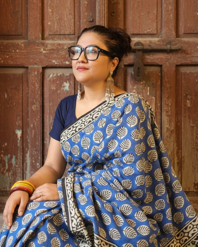 Mulmul pure cotton Sarees block print with blouse. Lightweight, easy to drape . Comfortable all day .