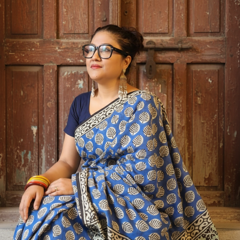 Mulmul pure cotton Sarees block print with blouse. Lightweight, easy to drape . Comfortable all day .
