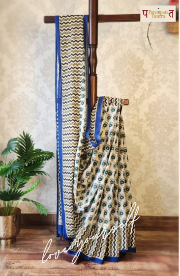 Mulmul pure cotton Sarees block print with blouse. Lightweight, easy to drape . Comfortable all day .