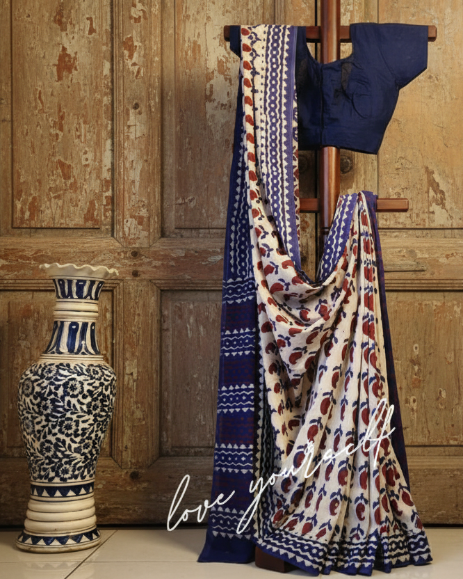 Mulmul pure cotton Sarees block print with blouse. Lightweight, easy to drape . Comfortable all day .