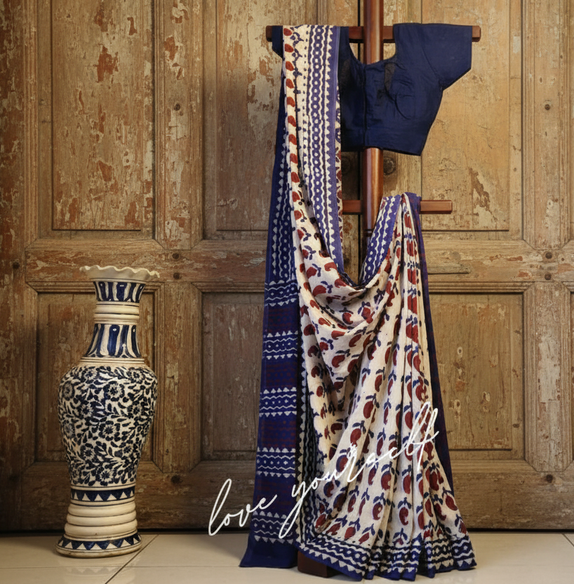 Mulmul pure cotton Sarees block print with blouse. Lightweight, easy to drape . Comfortable all day .