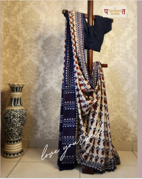 Mulmul pure cotton Sarees block print with blouse. Lightweight, easy to drape . Comfortable all day .