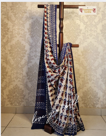 Mulmul pure cotton Sarees block print with blouse. Lightweight, easy to drape . Comfortable all day .