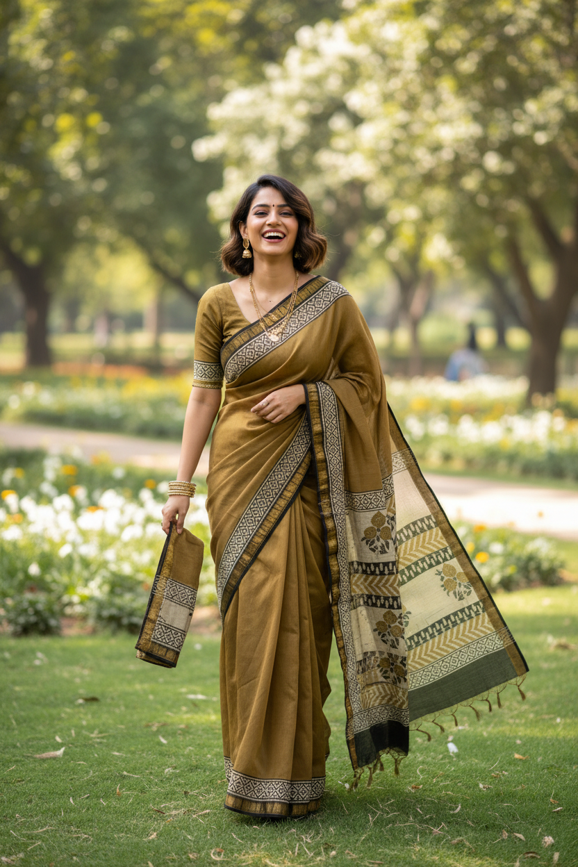 Maheshwari Handloom Silk Saree with blouse – 100% Pure Silk. Lightweight  easy to drape . Comfortable all day.