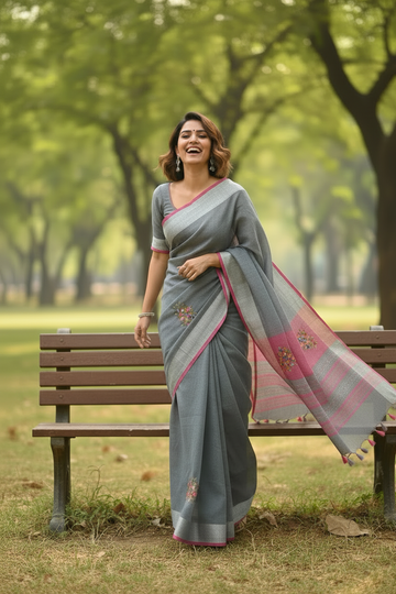 Pure Linen  Saree with blouse – Elegant, Professional & Handwoven. Light weight easy to drape. Comfortable all day .