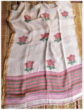 Pure Linen Jamdani Saree handwoven with blouse –  Light weight easy to drape. Comfortable all day .