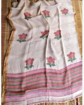 Pure Linen Jamdani Saree handwoven with blouse –  Light weight easy to drape. Comfortable all day .