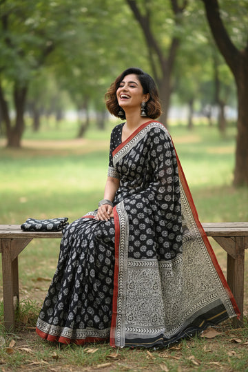 Mulmul pure cotton Sarees block print with blouse. Lightweight, easy to drape . Comfortable all day .