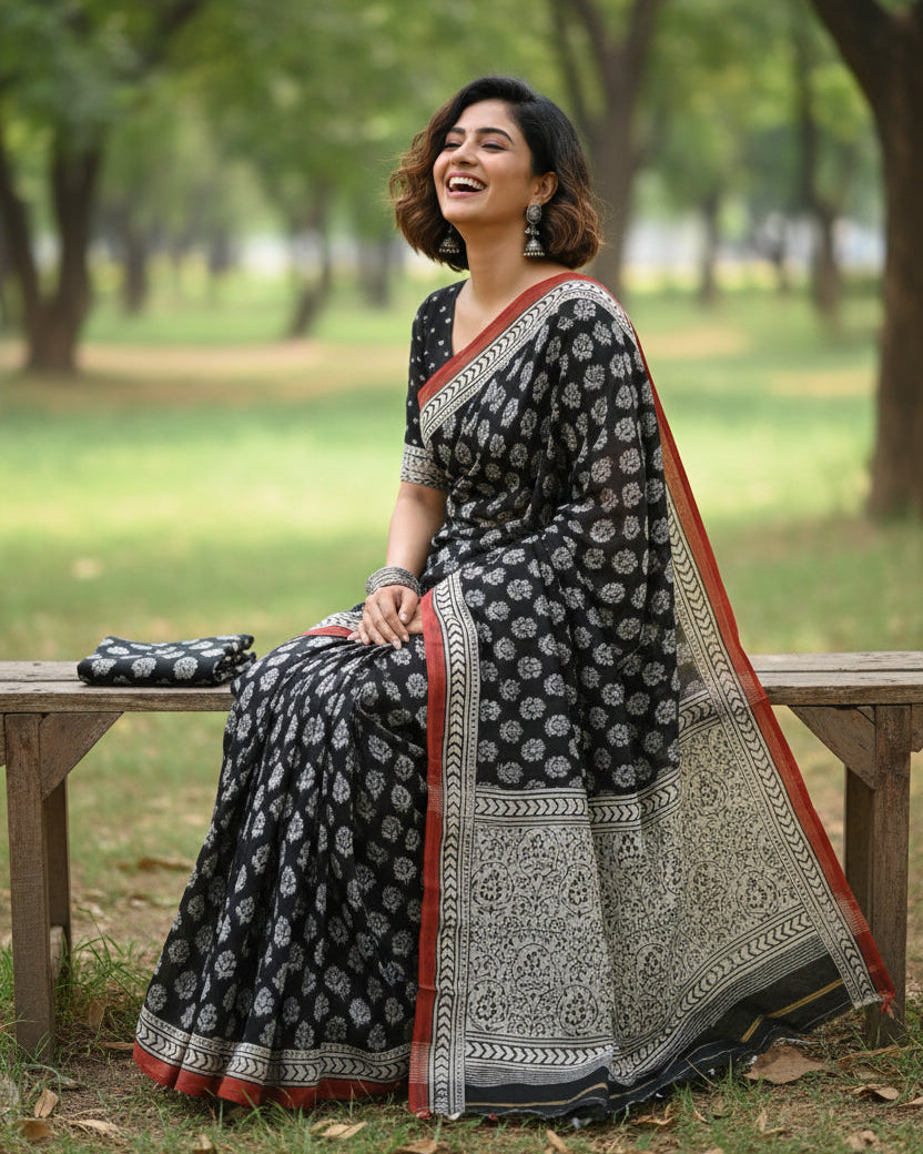 Mulmul pure cotton Sarees block print with blouse. Lightweight, easy to drape . Comfortable all day .