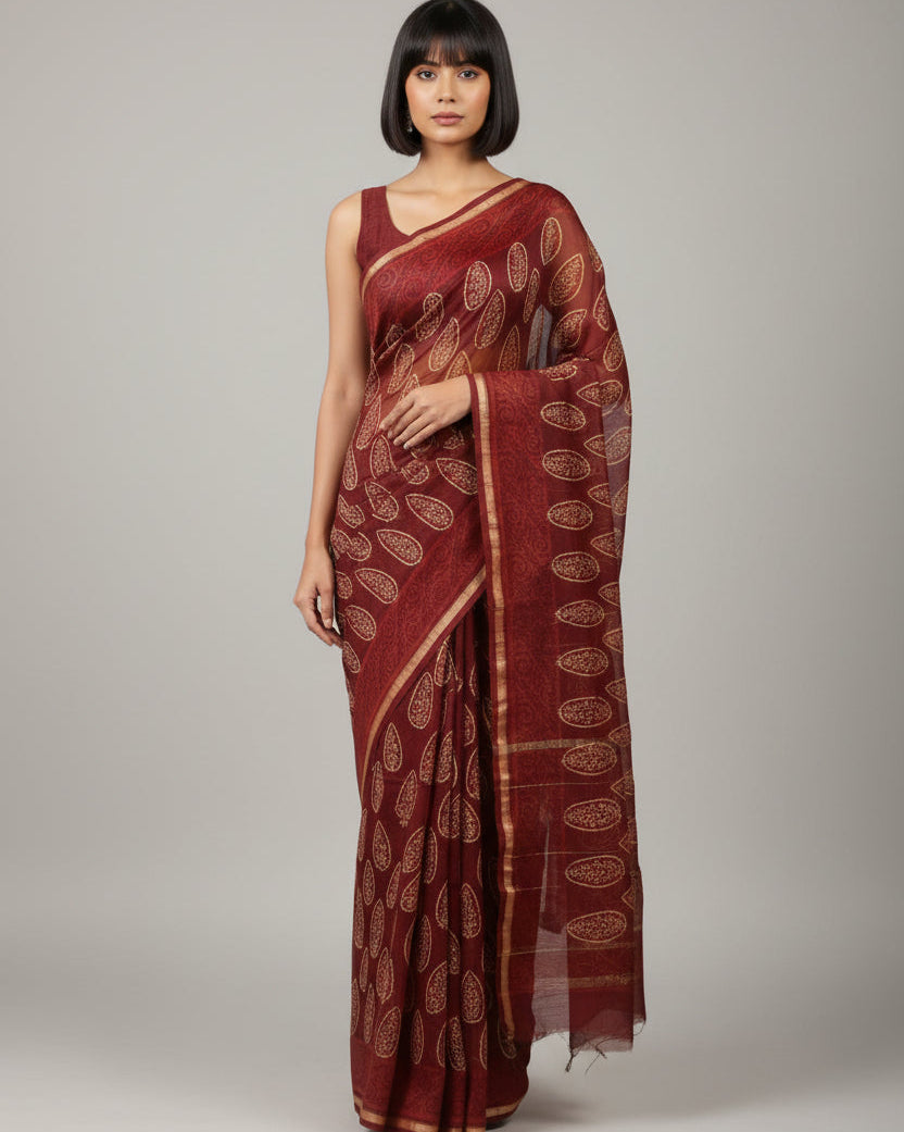 Chanderi Handloom Cotton Silk Saree – with blouse . Lightweight, easy to drape . Comfortable all day .