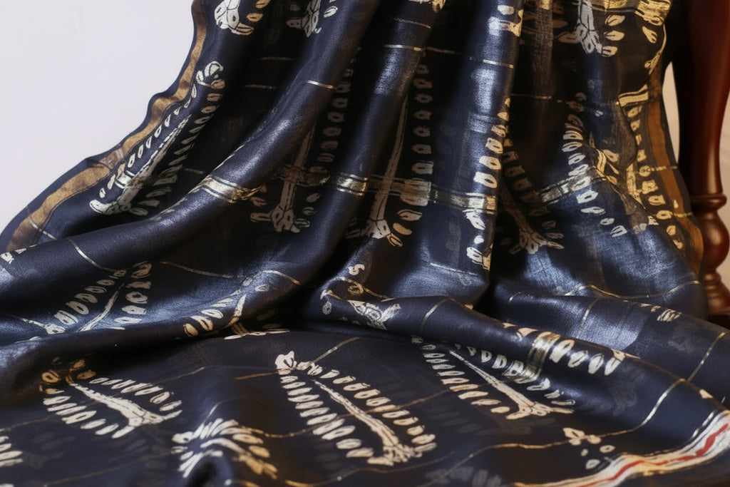 Off White Chanderi Silk Saree with Elegant White Prints and Zari Border – 100% Handloom silk | Blouse Piece Included