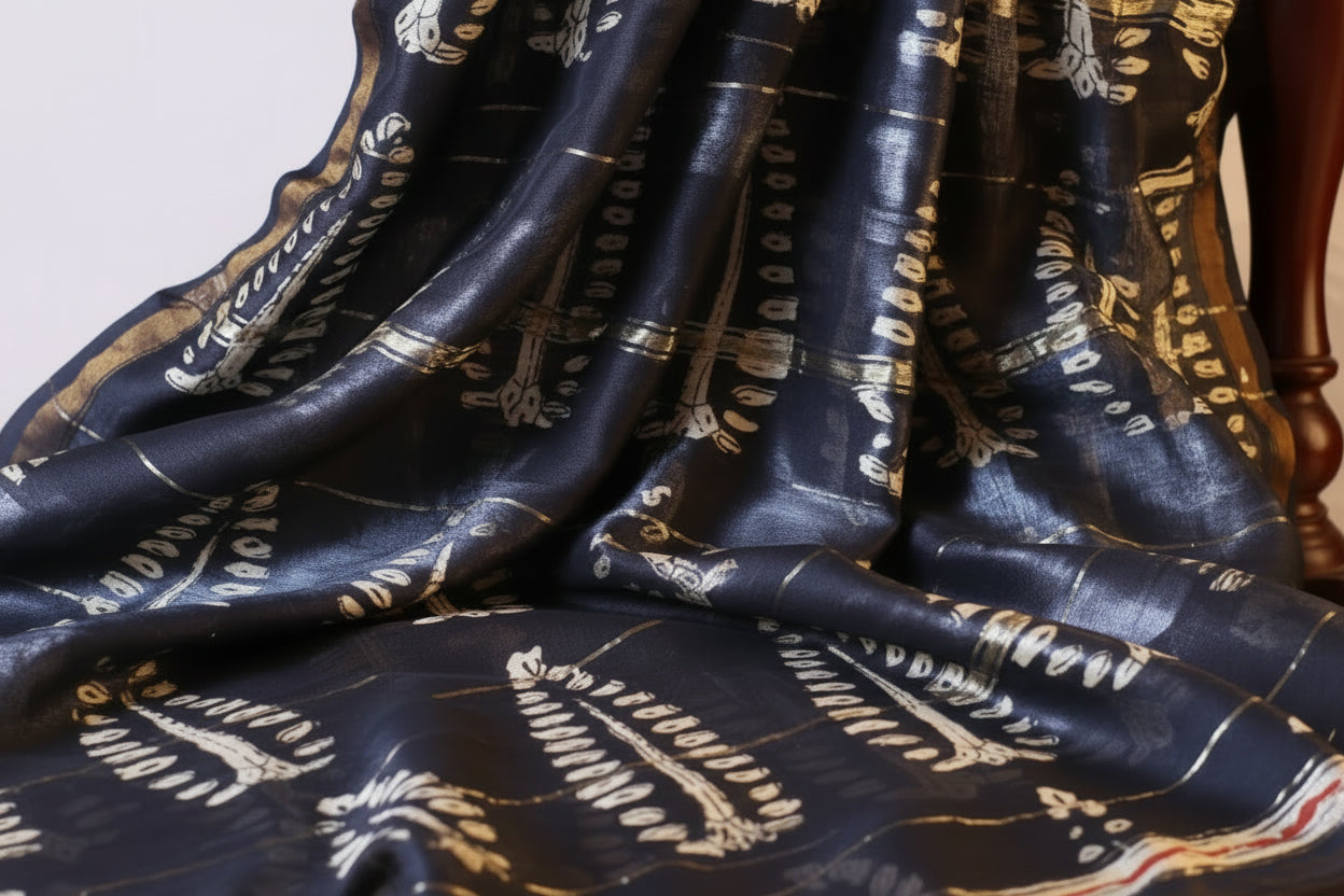 Off White Chanderi Silk Saree with Elegant White Prints and Zari Border – 100% Handloom silk | Blouse Piece Included